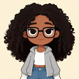 a very beautiful girl with dark complexion, long, curly, afro hair, stylistic oval black eyes, half - frame square glasses, grey hoodie opened, white tank top, white gloves, denim jeans, character art, cute, digital art, cartoon network, cel shaded, character art