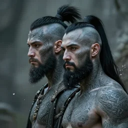 d & d portrait of a grey goliath with face tattoos, sides of head shaved with black ponytail, black beard, art by deiv calviz, splash art, natural light, elegant, intricate, fantasy, atmospheric lighting, by greg rutkowski, hd wallpaper, ultra high details, cinematic composition, professional unique master piece