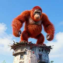 red orangutan as kingkong raging stand on the top roof of unstable lighthouse building, movie screenshot, wallpaper, kingkong movie 1 9 3 3, colorfull, realistic, pixar, hardmesh, sharp, black pen drawn edges