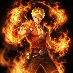 character art by bastien lecouffe - deharme, young man, blonde hair, on fire, fire powers