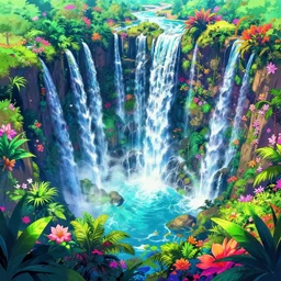 landscape of an anime style with tropical flowers and waterfalls neon colors, bird eye view, bove rule of thirds golden ratio, fake detail, trending pixiv fanbox art by todd mcfarlane