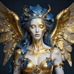a muse of beauty, a Young Women alien steampuck angel with gold and white skin , blue color, hair made of leaves, face by wlop, face by Charlie Bowater + golden ratio, symmetric, elegant, ornate, luxury, elite, matte painting, magical, cinematic, cgsociety, 8k, high resolution,