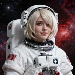 highly detailed portrait of a hopeful pretty astronaut lady with a wavy blonde hair, by Beeple, 4k resolution, nier:automata inspired, bravely default inspired, vibrant but dreary but upflifting red, black and white color scheme!!! ((Space nebula background))