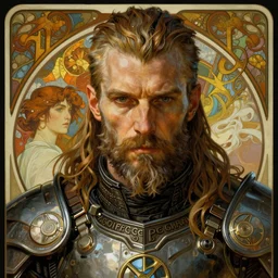 realistic detailed face portrait of a grizzled viking warrior in heavy cyberpunk armor by alphonse mucha, ayami kojima, amano, greg hildebrandt, and mark brooks, male, masculine, art nouveau, cyberpunk, neo - gothic, gothic, character concept design