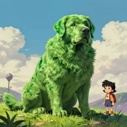 hyperrealist, graphic novel illustration of a massive muscular green labrador retriever with shaggy green fur with green dye sitting on a grassy hill, pulp 7 0's sci - fi vibes, 9 0's hannah barbara fantasy animation, cinematic, movie still, studio ghibli masterpiece