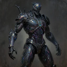 dark cyborg armour cloaked entity made of intricate complex circuitry and microchips, iridescent, warrior assassin, black full body, colorful, intricate linework, gothic baroque, intimidating athletic stance, magical, realistic oil painting, artstation, rutkowski, wlop, chebokha, artgerm