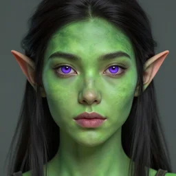 a person with an earthy green skin tone and horizontal elf ears, digital art, incredible detail, perfect facial proportions, perfect lighting, fantasy / sci - fi, dark hair, purple eyes