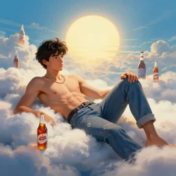masterpiece portrait of a ( ( ( una cerveza y diamantes ) ) ), ( ( guapo joven cuban macho reclining ) ), nubes y magia, el sol, concept character, by greg rutowski and tezuka and oi and mucha and bierstadt and remington, trending on artstation