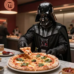 A still of a Darth Vader making a pizza in Masterchef, 4k, photograph, ultra realistic, highly detailed, professional lighting