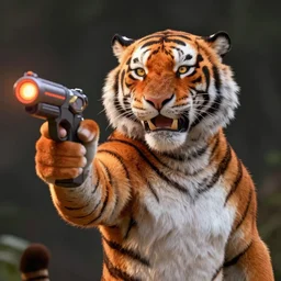 “portrait of tiger in the style of the movie zootopia holding a laser gun and looking upwards, with a dark background behind him”