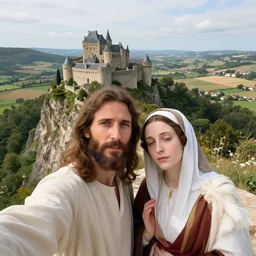 selfie made by jesus and mary magdalene standing on a cliff looking over a beautiful landscape with castles in france, award winning photo, very detailed, very realistic