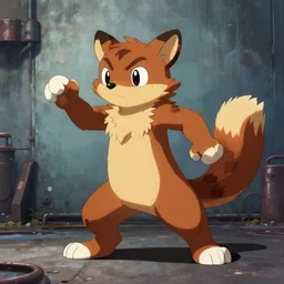 weasel bandit furry fursona, action pose on a painted industrial background, chiaroscuro, fursona has [ a tail! ]