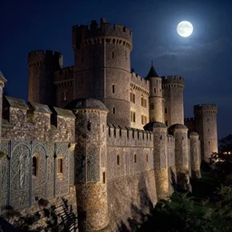 city of king's landing at night by michael whelan, andreas rocha and thomas kinkade, moonlight, complex stonework, ramparts, bulwarks, granite architecture, art nouveau ironwork and engraving, huge towering castle