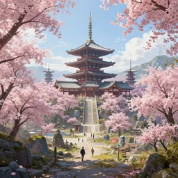 Futuristic Japanese landscape with lots of Sakura blossoms and a temple, center composition, cinematic, rendered by simon stålenhag, rendered by Beeple, Makoto Shinkai, syd meade, environment concept, digital art, starwars, unreal engine, 3 point perspective, WLOP, trending on artstation, low level, 4K UHD image, octane render,