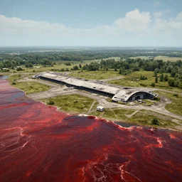 abandoned airport by barlowe wayne maxfield parrish and marco mazzoni. ultra clear detailed. 3 d, octane render. turbulent blood lake.
