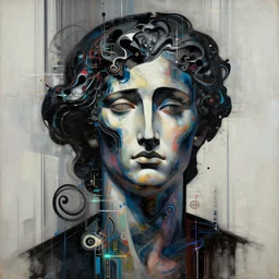 epic concept art. abstract female face silhouette mixing with black and color liquid fluid. abstract sculpture. art deco swirls. digital glitches. glowing data. hyperrealistic painting. vertical lines. masterpiece, michelangelo. concept art, matte painting. greg rutkowski, wlop, victo ngai, kandinski