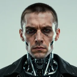 grainy photo of an ugly man, wearing bionic implants, cyborg, cyborg, cyborg, criminal, closeup, cyberpunk