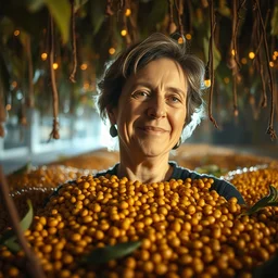 ellen covered in beans, volumetric lighting, ultra low angled shot