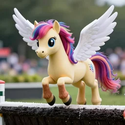 action shot from a distance of 2 0 m of a hybrid my little pony ( appaloosa horse ), with wings, saturated colored mane, a horse is at a steeplechase event, professional, high quality, 4 k, dof, bokeh, action, dramatic lighting, photorealistic, detailed, hq, photorealism, digital art