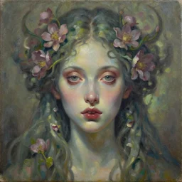 pharatema, the goddess of spring, oil on canvas, symmetrical features, ominous, magical realism, texture, intricate