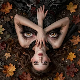 gorgeous stella maeve magician, realistic character concept, bird's eye overhead shot, elegant pose, spooky, illustration, symmetrical face and body, volumetric lighting, detailed realistic symmetrical eyes, 8 k, joshua middleton, artgerm, tom bagshaw, single face, insanely detailed and intricate elegant, autumn leaves