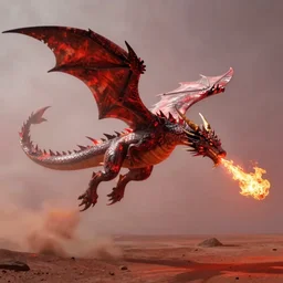 a mystical dragon flying on mars, dragon is breathing fire, foggy, photograph, red lighting, smoke, fire,