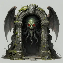 A stone portal in the shape of Cthulhu with a detailed face, glowing red eyes, moss in its head and wings, horror, dark, digital painting, artstation, concept art, smooth, illustration, sharp focus, art by François Baranger, HR Giger and Zdzislaw Beksinski