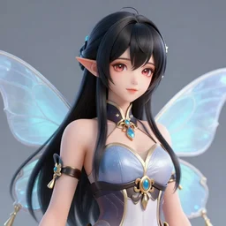 stunning 3d render of a fairy, vtuber like, hd, mid-shot, black hair