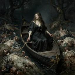 one woman one boat surrounded by corpses, dark mythic fantasy, art by anders zorn, wonderful masterpiece by greg rutkowski, intricate, elegant, highly detailed, digital painting, artstation, concept art, smooth, sharp focus, illustration, eerie moody brooding beautiful cinematic, thomas lawrence, artgerm, mucha, greg rutkowski