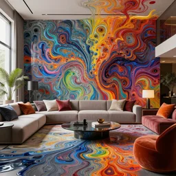 a beautiful insanely detailed modern living room surounded by intricate detailed color smashing fluid oilpaint, 3 d render, hyper realistic detailed, sharp, melting wax, fluid acrilic, thin fractal tendrils, intense colors, scifi, fantasy, hyper detailed, octane render, concept art, by peter mohrbacher, by wlop, by ruan jia