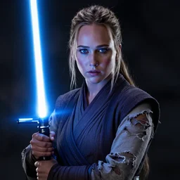 jennifer lawrence, battle scared with ripped and damaged clothes, as a jedi holding up a blue lightsaber, very dark background, official new star wars episode xi movie poster from lucas arts, perfect symmetrical face, moody lighting, 8 k, shallow depth of field, intricate detail,