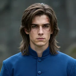 a young man with shoulder length brown hair. blue uniform. scar on his forehead!! serious expression, handsome, rugged, kaladin stormblessed, way of kings, artgerm, portrait