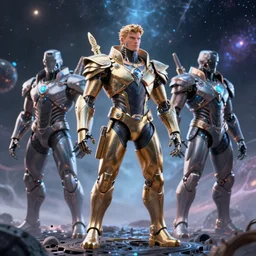 humanoid _ muscular royal _ cyborg space _ men _ rockstar in _ a _ dramatic eerie nebula in, mid macro extreme low angle shot, cinematic, backlight, synthwave futuristic style by greg rutkowski