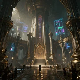 An immense and depthful palace of a steampunk holographic world of the video game dishonored