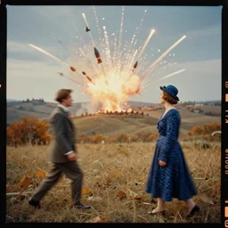 kodak portra 4 0 0, wetplate, muted colours, blueberry, 1 9 3 0 s style, motion blur, award winning portrait of a backdrop in tuscan countryside in autumn, explosions, rockets, bombs, sparkling, by georges melies and by britt marling