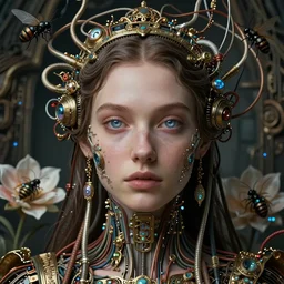 very beautiful woman integrating with technology, full face frontal centered, portrait, insipiring, detailed intricate ornate cables connected to head, big open electric eyes, luxurious detailed abundent wiring and implants, renaissance, sci - fi, detailed technology background with cyber flowers and insects, dramatic lighting, photography, highly detailed, artstation, 8 k,