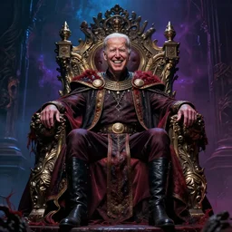 Joe Biden with a wide grin sitting atop a throne after becoming the emperor of mankind, evil, chaos, ornate, horror, detailed, bloodborne, colorful