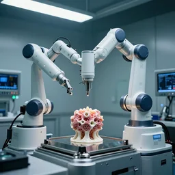 a complex bifurcated robotic cnc surgical arm hybrid mri 3 d printer machine making organic ceramic kintsugi mandlebulb forms in the glass room laboratory with control panels, film still from the movie directed by denis villeneuve with art direction by salvador dali, wide lens, f 3 2, cinematic lighting, studio quality, smooth render, unreal engine 5 rendered, octane rendered