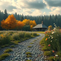 pebble path trhough a flower field leading to a hut. forest in the background. warm autumn day. atmospheric lighting. highly detailed digital painting by greg rutkowksi. sharp focus, 8 k.