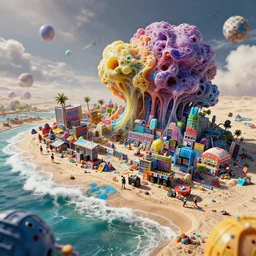 an impressive cinematic shot photo of a plastic beach island caustics cumulo nuclear volumetric dynamic fluid simulation lighting impressive masterpiece graffiti hyper perspective textured detailed intricate sharp focus 8 k realistic illustration canon eos r 3 fujifilm x - t 3 0 sony alpha, by james gurney tooth wu artgerm colorful