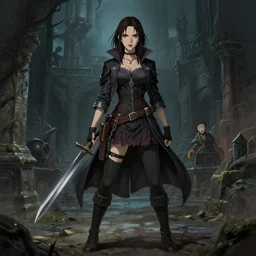 a full body portrait of a kate bekinsale as dnd thief, female, tomboy, fantasy dungeon, finely detailed features, perfect art, at an ancient city, gapmoe yandere grimdark, trending on pixiv fanbox, painted by greg rutkowski makoto shinkai takashi takeuchi studio ghibli, akihiko yoshida