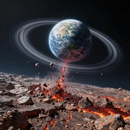earth's crust was rubble and magma. tidal forces to tear orbiting bodies apart rings of space debris coalesce into small celestial bodies scientists believe the moon was formed by a collision into planet earth by another celestial body., by peter mohrbacher dan mumford craig mullins nekro, cgsociety, pixiv, volumetric light, 3 d render