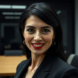 a portrait photograph of a smug woman executive with vampire fangs in a board room, black hair, dof, sharp focus, slight smile, pale, highly detailed face, symmetric face, dark black tinted window in background, 4 k, cinestill 8 0 0 t, exif, raw, photography by andreas franke