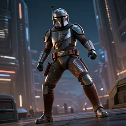 off angle beautiful full body shot film still of the Mandalorian at night in science fiction city, volumetric lighting, action pose, low angle, hard surface modeling, unreal, redshift, 3d model, 8k
