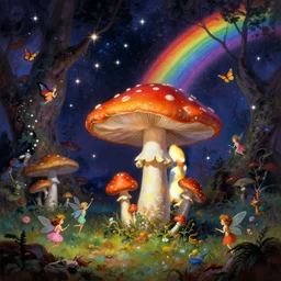 enchanted cosmic forest mushrooms on the ground small fairies stars in the sky butterflies rainbows psychedelic wide angle by frank frazetta
