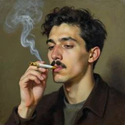 a surreal painting of a young man with a fu manchu mustache smoking a joint
