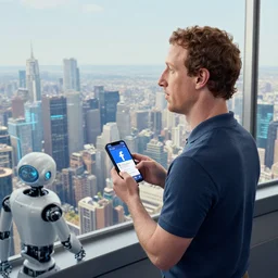 mark zuckerberg in a tall tower looking out at a cybernetic landscape filled with robots browsing facebook on their phones