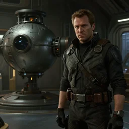 ps 5. hank hill as commander shepard discussing the possibilities of propane tank based spaceship propulsion within the ssv normandy in mass effect 2. mid - conversation portrait. dim spaceship interior bg behind him. cutscene. hd.