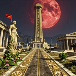 azimuth matte painting of a road of Atlantis town  zeus tower stone dress statue pantheon ivy plant grow flower in marble gold incrusted of legends and red flag dynasty in the hill grec greeble temple olymp glory in red moon shaft  by Frank Lloyd Wright and Zaha Hadid stylized 3d volume depth light, masterpiece, artstation, cgsociety, kodakchrome, golden ratio hdr tone gta5 cover overlay