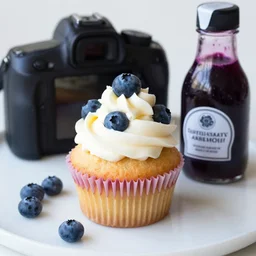 dslr food photograph of a blueberry cupcake white creme topping and a bottle of blueberry sauce on the side, 8 5 mm f 1. 8